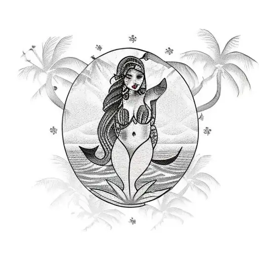 A traditional style tattoo of a swimming mermaid with Cabo San Lucas palm trees in the background tattoo design idea