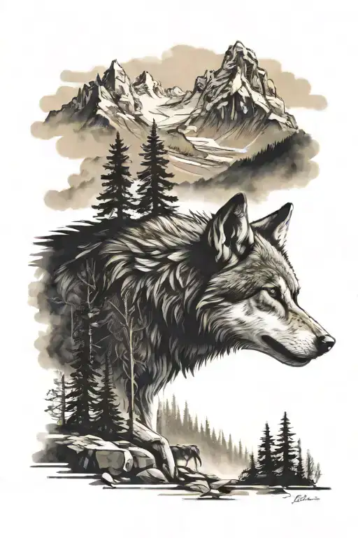 lone wolf in the forest with mountains in the background with a stream going through the landscape with raves flying abo tattoo design idea