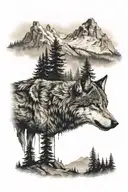 lone wolf in the forest with mountains in the background with a stream going through the landscape with raves flying abo tattoo design idea