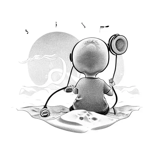 A black and grey tattoo of a child playing on a sandy beach, with headphones and a music note symbolizing the DJ's love for both family and music tattoo design idea