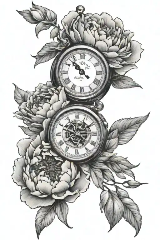 peonies and clock face tattoo design idea