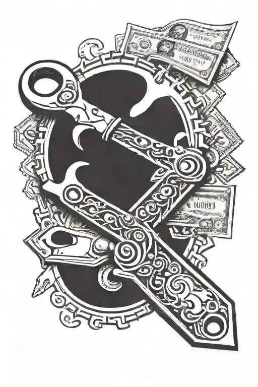 wrench with rolex around it and $100 bills tattoo design idea