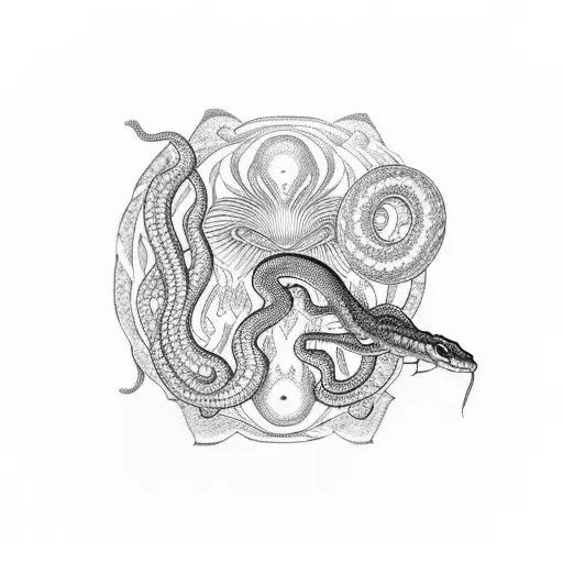 A dotwork tattoo of a snake wrapped around a mushroom, with intricate bug and plant details, inspired by 70s psychedelic art tattoo design idea