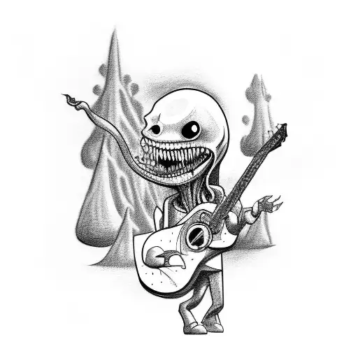 A sketch-style tattoo of a cartoon alien playing a guitar, surrounded by horror movie characters like ghosts and monsters tattoo design idea