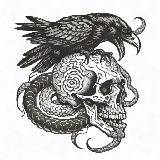 crow fighting a snake on a skull tattoo design idea