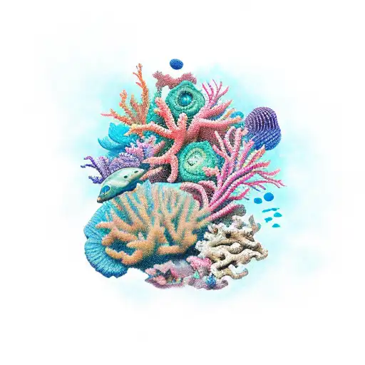 leg tattoo of a Corral reef with lots of blue and pink colors, with lots of small objects and animals tattoo design idea