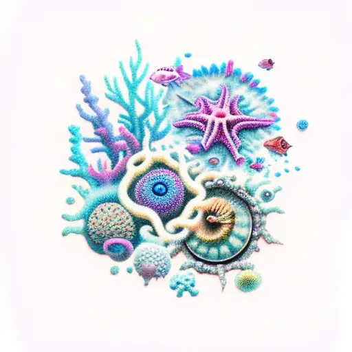 leg tattoo of a Corral reef with lots of blue and pink colors, with lots of small objects and animals tattoo design idea