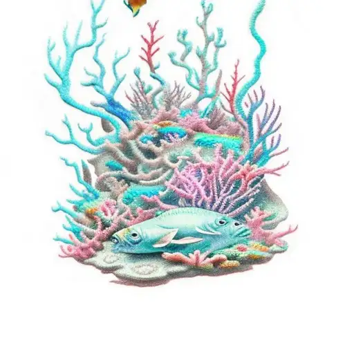 leg tattoo of a Corral reef with lots of blue and pink colors, with lots of small objects and animals tattoo design idea