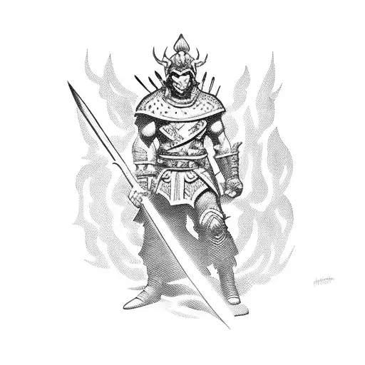 warrior figthing with a fire sword against monsters tattoo design idea