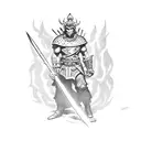 warrior figthing with a fire sword against monsters tattoo design idea