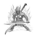warrior figthing with a fire sword against monsters tattoo design idea
