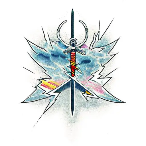 A katana blade wrapped in lightning with a cross hilt tattoo design idea