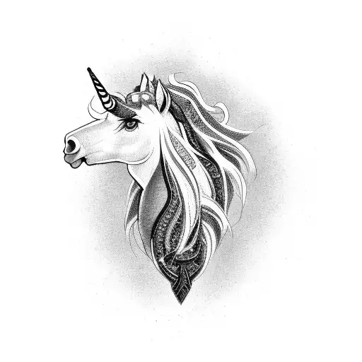 A sleek black and grey unicorn with intricate legal symbols hidden in its mane tattoo design idea