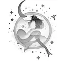 A surreal scene of a dreamer floating among a sea of stars and a crescent moon tattoo design idea