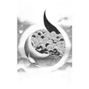 A surreal scene of a dreamer floating among a sea of stars and a crescent moon tattoo design idea