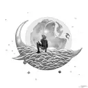 A surreal scene of a dreamer floating among a sea of stars and a crescent moon tattoo design idea