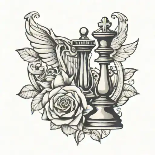 Chess piece, rose and harp tattoo design idea