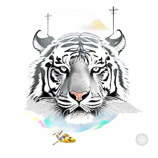 A vibrant new-school design featuring a tiger and a dragonfly soaring over a mountain peak, with a subtle cross symbolizing the client's Christian faith tattoo design idea