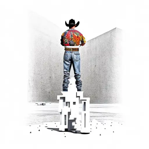 cowboy standing at the edge of a modern city tattoo design idea