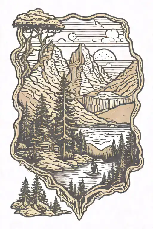 wilderness landscape with cliffs and trees and a sasquatch tattoo design idea