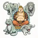 FAT BUDDHA, ELEPHANT, MONKEY, TWO DRAGONS , TIGER PAINTING STYLE WITH tattoo design idea