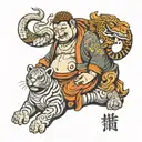 FAT BUDDHA, ELEPHANT, MONKEY, TWO DRAGONS , TIGER PAINTING STYLE WITH tattoo design idea