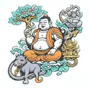 FAT BUDDHA, ELEPHANT, MONKEY, TWO DRAGONS , TIGER PAINTING STYLE WITH tattoo design idea