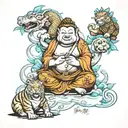 FAT BUDDHA, ELEPHANT, MONKEY, TWO DRAGONS , TIGER PAINTING STYLE WITH tattoo design idea
