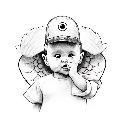 A detailed sketch of a baby angel wearing a baseball cap and holding a baseball, with an evil eye incorporated into the design and shading around to fit the outside part of the forearm tattoo design idea