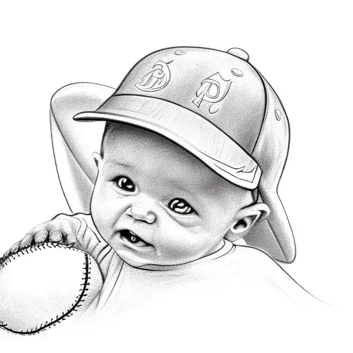A detailed sketch of a baby angel wearing a baseball cap and holding a baseball, with an evil eye incorporated into the design and shading around to fit the outside part of the forearm tattoo design idea