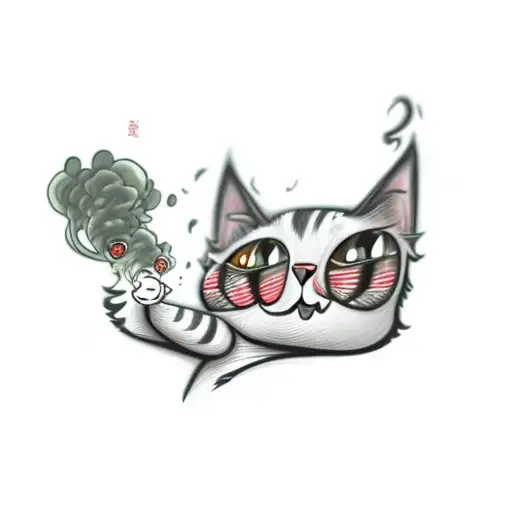 a cat smoking weed with a big red eyes tattoo design idea
