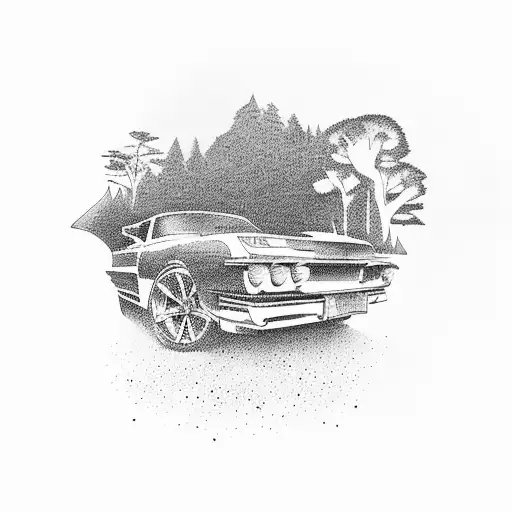A silhouette of a car driving through a scenic countryside tattoo design idea