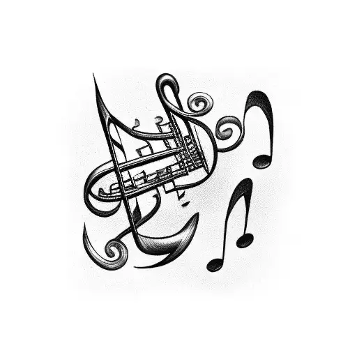Musical notes intertwined with car engine parts tattoo design idea