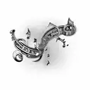 Musical notes intertwined with car engine parts tattoo design idea