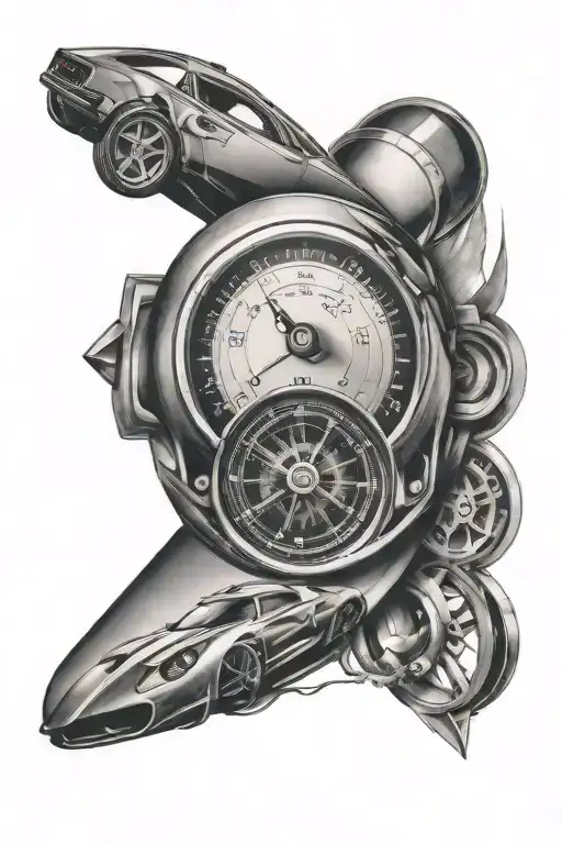 A unique fusion of a speedometer eye and sports car imagery on your forearm tattoo design idea