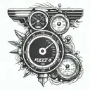 A speedometer eye transitioning into a sports car theme on your forearm tattoo design idea
