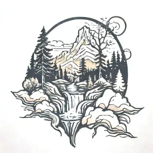nature waterfall forest mountain sunrise tattoo design idea