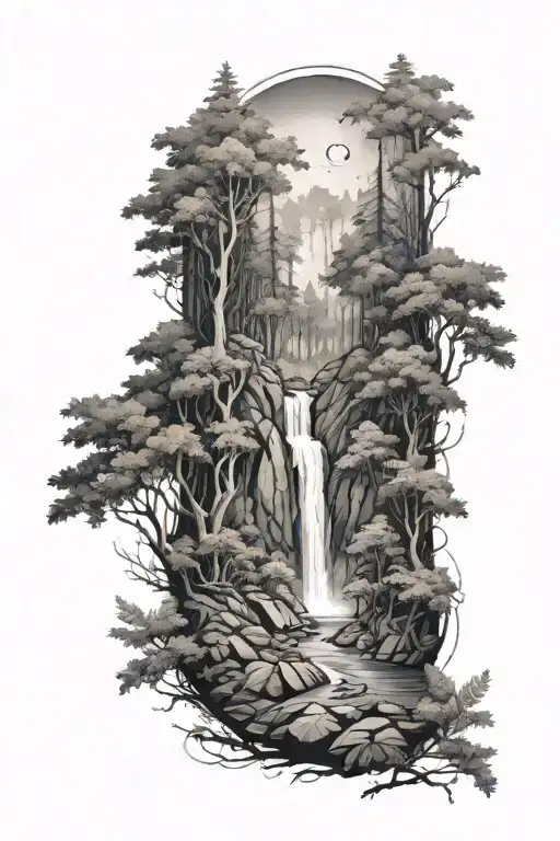 A black-grey tattoo of a dense forest with a hidden trail leading to a waterfall, representing the beauty of nature and the journey of exploration tattoo design idea