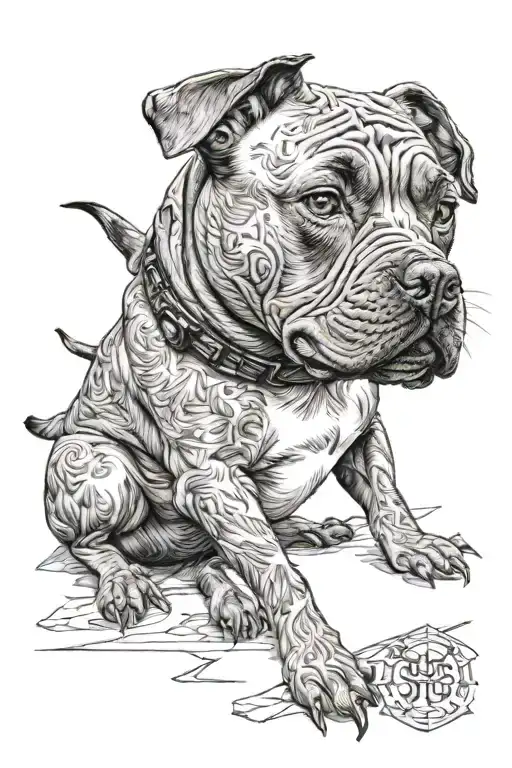 Staffordshire bull terrier, looking like a boss and below it scrolls that say Yoda 19.11.2023-22.6.2024 tattoo design idea