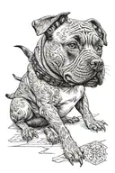 Staffordshire bull terrier, looking like a boss and below it scrolls that say Yoda 19.11.2023-22.6.2024 tattoo design idea