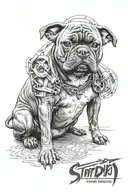 Staffordshire bull terrier, looking like a boss and below it scrolls that say Yoda 19.11.2023-22.6.2024 tattoo design idea