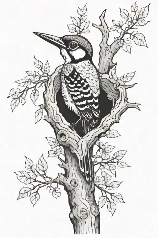 woodpecker heart tree branch tattoo design idea