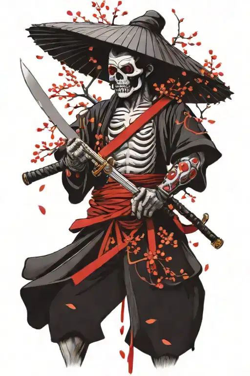 samurai holding sword, with red paint stripe behind. Background has tree with cherry blossoms, and 3 skulls  tattoo design idea