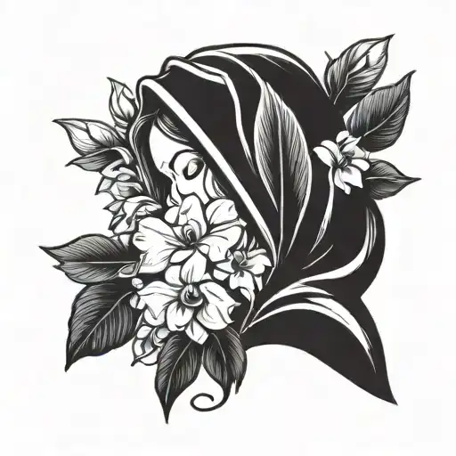 Virgin Mary holding orchids with pigeon on her shoulder  tattoo design idea