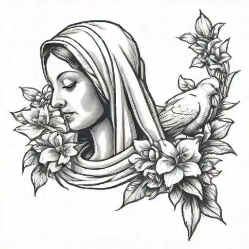 Virgin Mary holding orchids with white pigeon on her shoulder  tattoo design idea