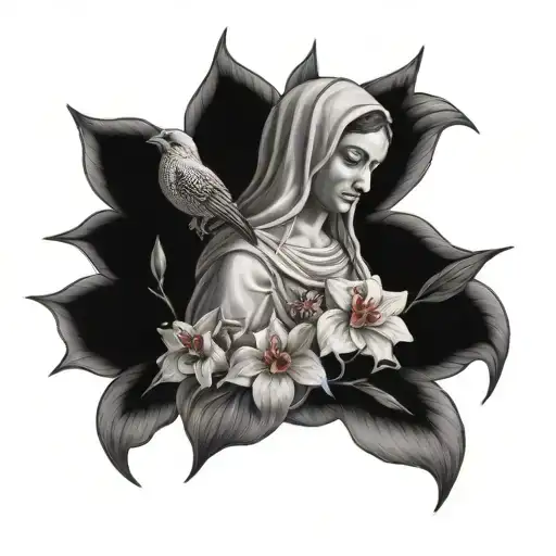 Virgin Mary holding orchids with bird on her shoulder  tattoo design idea