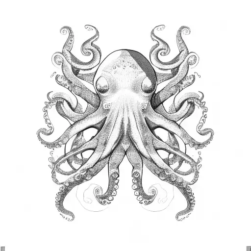 A dotwork illustration of an octopus wrapping its tentacles around a metal sculpture of an old sailing ship tattoo design idea