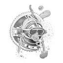 A diving helmet with intricate ocean scenes inside tattoo design idea