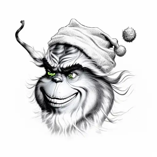 A stylish portrait of the Grinch, with a smoke cloud forming his mischievous grin tattoo design idea