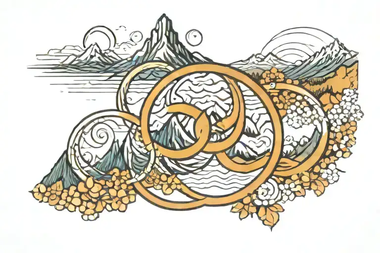 olympic circles with Slovenia mountain behind in Enzo Japanese  style  tattoo design idea